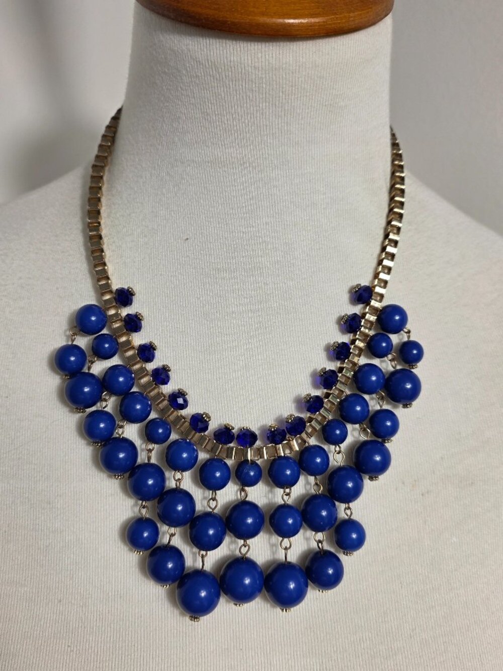 Icing Royal Blue Statement Necklace Tiered Blue Beads Gold Tone Box Chain